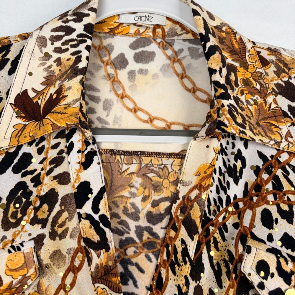 Cache Button Up Shirt Size Medium Gold Brown Leopard Chain Sequin Baroque - Picture 2 of 11
